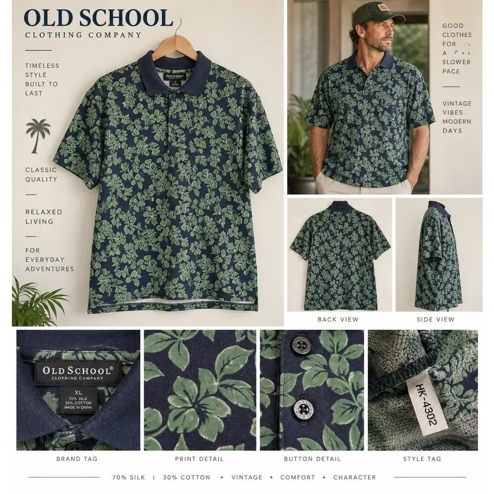 Vintage Old School Mens XL Silk Cotton Tropical Floral Polo Shirt Hawaiian 90s